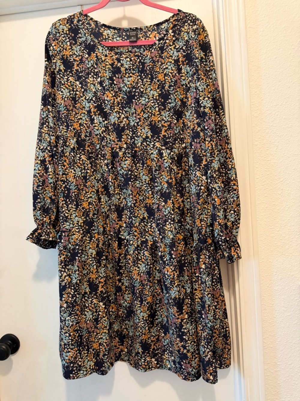 Navy Floral Long-Sleeve Smock Dress